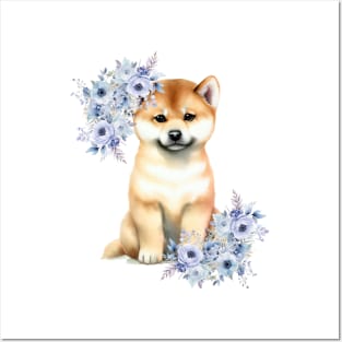 Cute Shiba Inu Dog with Flowers Watercolor Art Posters and Art